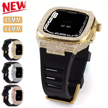 Бриллиантовая фотография для Apple Watch Band 9 8 7 45 мм 6 5 SE 44 мм, из нержавеющей стали, аксессуары для часов, резиновый ремешок для IWatch 45 мм 44 мм