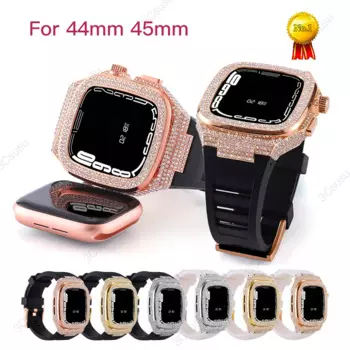 Бриллиантовая фотография для Apple Watch Band 9 8 7 45 мм 6 5 SE 44 мм, из нержавеющей стали, аксессуары для часов, резиновый ремешок для IWatch 45 мм 44 мм