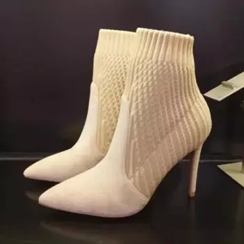 Британские бежевые замшевые лоскутные вязаные ботинки цвета хаки с острым носком, пикантные женские ботильоны на высоком каблуке, тонкие эластичные ботильоны без шнуровки