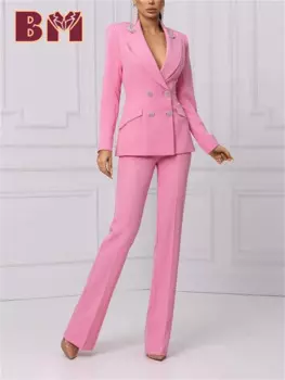 BRLMALL-2 шт. роскошный женский костюм с зубчатыми лацканами, комплект, куртка и брюки, классический цветной женский костюм с бисером, простой женский офисный костюм