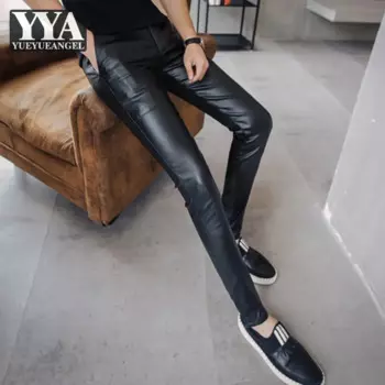 Брюки-Карандаш мужские кожаные, эластичные, черные