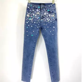 Брюки-карандаш с бусинами женские джинсы Осенние новые эластичные брюки-карандаш узкие брюки
