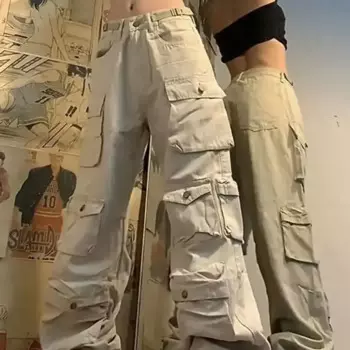 Брюки-карго с несколькими карманами, свободные уличные повседневные брюки с широкими штанинами, трендовая уличная одежда, женские Мешковатые брюки Y2k, винтажные брюки-карго