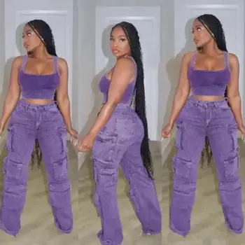 Брюки-карго женские джинсовые с высокой талией