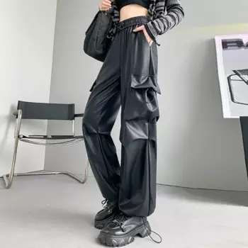 Брюки-карго женские из ПУ кожи, с завышенной талией