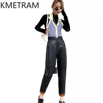 Брюки KMETRAM из натуральной кожи, женские черные брюки из натуральной овечьей кожи, женская одежда, брюки с высокой талией, повседневные облегающие брюки