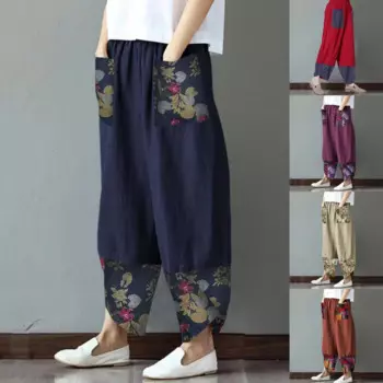Брюки Модные Этнические с принтом повседневные брюки с карманами в стиле пэчворк женские свободные брюки с широкими штанинами элегантные уличные женские брюки