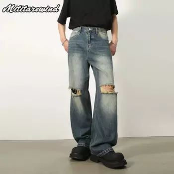 Брюки мужские джинсовые в стиле ретро, уличная одежда в стиле хип-хоп, варенные дырки, повседневные прямые широкие штаны, синие мешковатые джинсы, брюки из денима