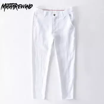 Брюки мужские летние из 100% льна, дышащие повседневные белые прямые штаны со средней талией, в японском простом стиле, костюм, брюки