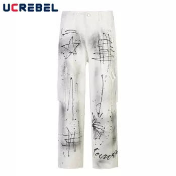 Брюки мужские с принтом брызг и чернилами, повседневные Прямые свободные штаны в стиле High Street с несколькими карманами, с широкими штанинами