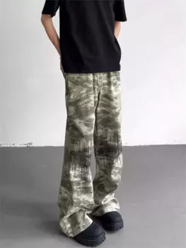 Брюки прямые камуфляжные унисекс, тонкие брюки с завышенной талией и принтом в виде линий для молодых девушек, винтажные женские брюки с широкими штанинами