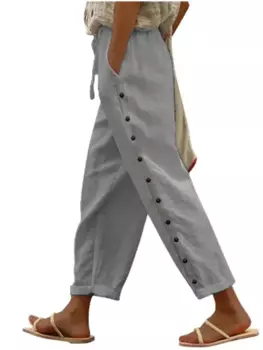 Брюки с завязкой на пуговицах, однотонные брюки с карманами, женские свободные брюки с прямыми штанинами, Осенние трендовые длинные брюки