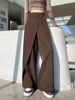 Брюки женские Асимметричные с высокой талией, Модные Винтажные офисные элегантные длинные брюки с карманами, серого и черного цвета