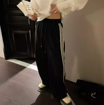 Брюки женские с широкими штанинами, повседневные Прямые Бархатные спортивные штаны с эластичным поясом, тонкие брюки с высокой талией в уличном стиле, зима