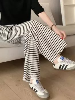 Брюки женские с широкими штанинами, трикотажные драпированные штаны в полоску, прямые свободные повседневные брюки с завышенной талией, весна-лето