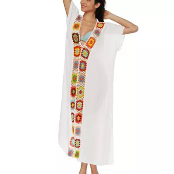 Bsubseach вязаный крючком цветочный цветной блочный пляжный длинный кафтан платье с Боковым Разрезом с коротким рукавом бикини купальник накидка