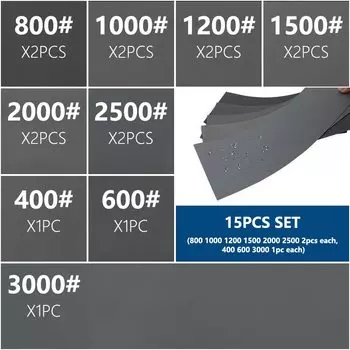 Бумага наждачная водно-сухая, абразивная, 93x230 мм, CMCP, 15 шт., наждачная бумага набор, 400, 600, 800, 1000, 1200, 1500, 2000, 2500, 3000 грит