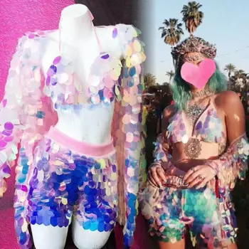 (Бюстгальтер + шорты + пальто) Женский Комплект из 3-х предметов с блестками розового и фиолетового цвета для бара, ночного клуба, вечеринки, танцевальные наряды, сексуальный костюм для диджея, певицы, танца, сцены