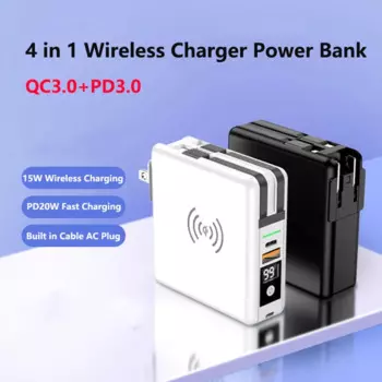 Быстрое беспроводное зарядное устройство 15 Вт Power Bank 10000 мАч с кабельной вилкой PD Быстрое зарядное устройство 20 Вт для iPhone 15 Samsung Huawei Xiaomi Powerbank