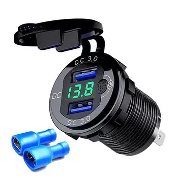 Быстрое зарядное устройство, алюминиевое QC3.0, автомобильное зарядное устройство с двумя USB-портами и кнопкой переключения, светодиодный дисплей напряжения для автомобилей 12 В/24 В, лодок, мотоциклов