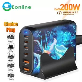 Быстрое зарядное устройство Eonline 3D, 200 Вт, USB C, 6-портовая зарядная станция, блок-концентратор, блок питания для ноутбука, адаптер для MacBook, iPhone 15, Huawei, Xiaomi