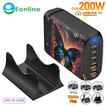 Быстрое зарядное устройство Eonline 3D UV 200 Вт, 6-портовая зарядная станция, блок-концентратор, блок питания для ноутбука MacBook, iPhone 15, Huawei, Xiaomi