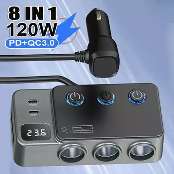 Быстрое зарядное устройство PD35W + QC3.0, 120 Вт, 5 USB-розетков и 3 разветвителя прикуривателя со светодиодами/выключателями включения/ЖК-волнометром, розетка