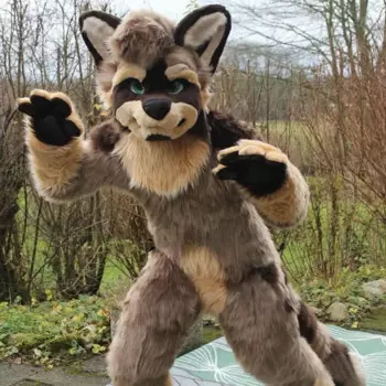 Canine Fursuit Хаски костюм талисмана Хэллоуин аксессуары ручной работы темно-коричневые прямые ноги Косплей Костюм длинная пушистая собака