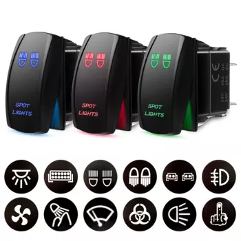 Кулисный переключатель для автомобиля, лодки, 12 В, 24 В, 20 А, водонепроницаемый светодиод, красный, синий, зеленый, 5-контактный, ВКЛ-ВЫКЛ