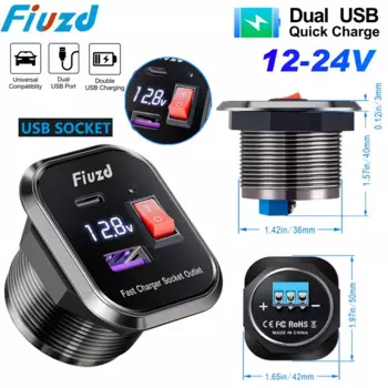Автомобильное зарядное устройство, алюминиевое автомобильное зарядное устройство QC3.0 со светодиодным вольтметром, два USB-порта, адаптер питания, комплект «сделай сам» для мотоцикла 12 В/24 В