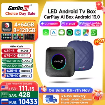 Carlinkit Ai Box Android 13 светодиодный беспроводной Android Auto и CarPlay Smart TV Box QCM6225 Поддержка Youtube Netflix Автомобильные аксессуары