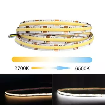 CCT COB Светодиодная лента 5 В 12 В 24 В постоянного тока Двухцветная двухцветная линейная лента высокой плотности 2700 К до 6500 К RA90 Ленточная веревка с регулируемой яркостью