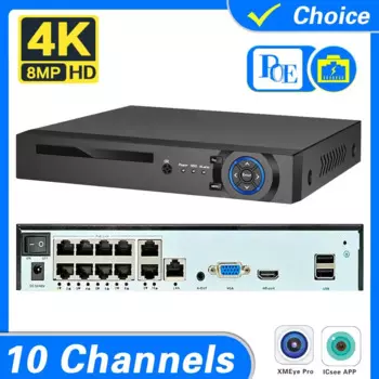 CCTV 10CH POE NVR Обнаружение лиц Домашнее наблюдение 4K 8MP 8CH IP-сеть IVR Аудио-видеорегистратор Система камер безопасности XMeye