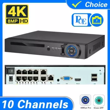 CCTV 10CH POE NVR Обнаружение лиц Домашнее наблюдение 4K 8MP 8CH IP-сеть IVR Аудио-видеорегистратор Система камер безопасности XMeye