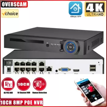 CCTV 10CH POE NVR Обнаружение лиц Домашнее наблюдение 4K 8MP 8CH IP-сеть IVR Аудио-видеорегистратор Система камер безопасности XMeye