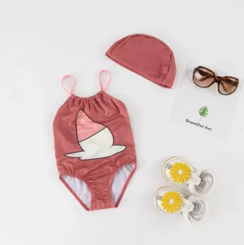 Цельный купальный костюм с подтяжками для маленьких девочек; Детский купальный костюм с шапочкой и рисунком мороженого; Лидер продаж; Весенний купальный костюм; 3204