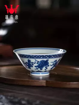 Чайная чашка Zhong Family Master из одинарного фарфора, чашка чая, печь для дров, синее и белое, темное восемь