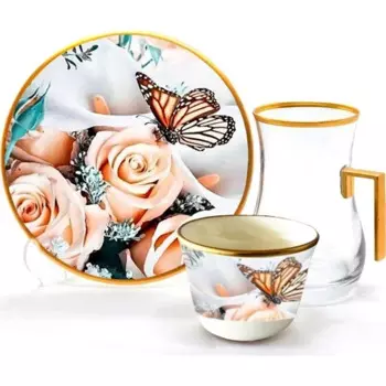 Чайный сервиз Toygar Drop Handle Efe 6 + 6 Butterfly Rose