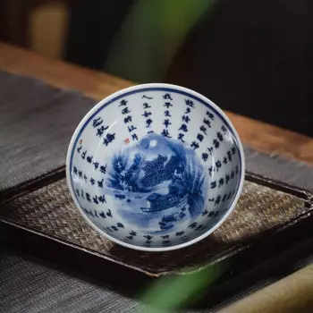 Чайный сервиз Yuyao Цзиндэчжэнь для дров, сине-белый чайный сервиз, керамическая коллекция, чайная чашка кунг-фу, чашка-мастер для ландшафтной каллиграфии из бамбука
