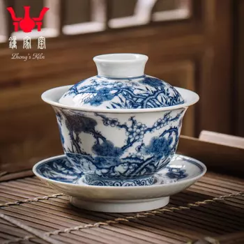 Чаша Jingdezhen из чистой древесной печи ручной работы, сине-белая чаша с крышкой, большая чаша для чая из сосны, бамбука, сливы, чашка санкai