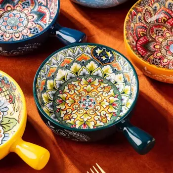 Чаша с керамической ручкой, домашняя креативная посуда с ручкой, чаша для лапши, духовка, чаша для выпечки