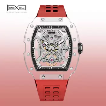 Часы BEXEI для мужчин, материал TR90, прозрачные автоматические механические наручные часы, часы со скелетом, светящиеся водонепроницаемые часы 9130