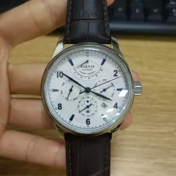 Часы мужские механические Parnis 9100 с автоматическим зарядом, кожаным ремешком и сапфировым стеклом, 43 мм