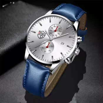 часы мужские Модные мужские часы, аналоговые светящиеся кварцевые наручные часы из нержавеющей стали, мужские деловые спортивные синие часы с кожаным ремешком, мужские часы