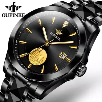 Часы наручные OUPINKE Мужские механические, деловые золотистые светящиеся с календарем, с вольфрамовым браслетом из нержавеющей стали, с бриллиантами