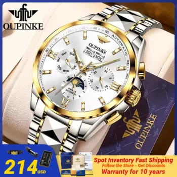 Часы OUPINKE с фазой Луны для мужчин, многофункциональные часы в римском стиле для зрелых деловых людей, мужские часы с вольфрамовым стальным ремешком