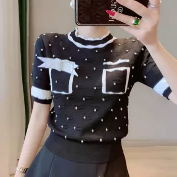 Черная контрастная белая футболка, женский свитер с карманами из бисера и бантом с короткими рукавами, женский летний топ 2022, Милая футболка