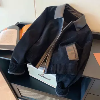 Черная лоскутная женская куртка с лацканами в стиле ретро, осень 2023, новый высококачественный замшевый утягивающий короткий топ