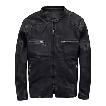 Черная мужская приталенная байкерская куртка 2020, Осеннее короткое мотоциклетное кожаное пальто из натуральной овечьей кожи