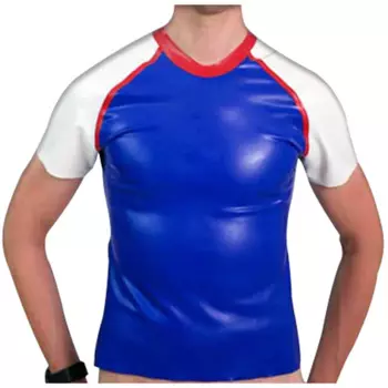 Черная с белым и красным Сексуальная латексная футболка с коротким рукавом и круглым вырезом резиновая футболка